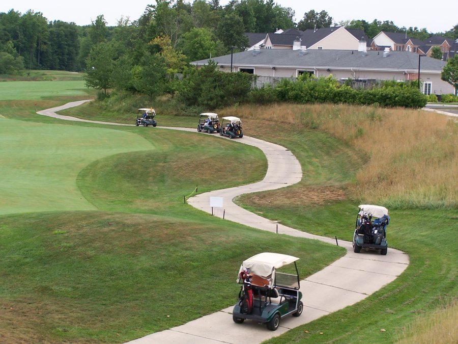 Golf carts lined along a winding cart path through the course.