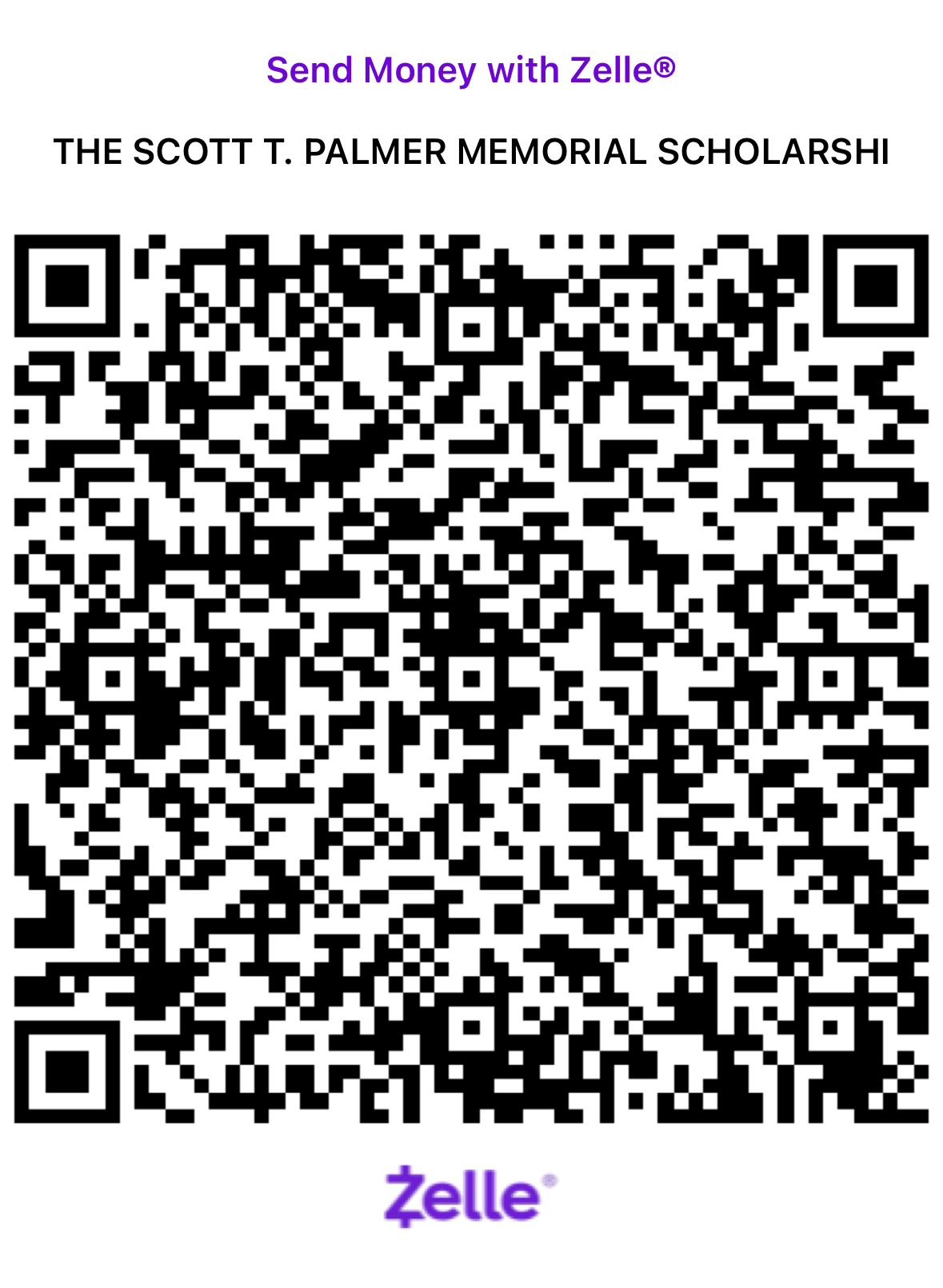QR code to send a donation via Zelle to the Scott Thomas Palmer Memorial Scholarship Fund